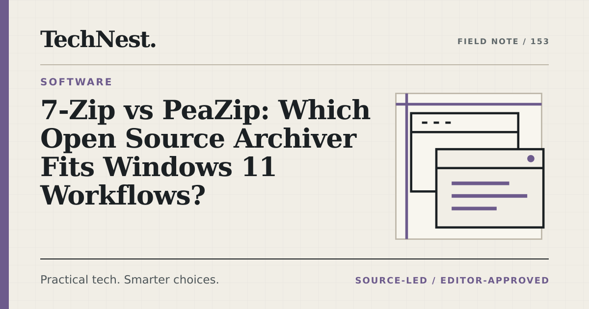 Original TechNest editorial graphic for 7-Zip vs PeaZip: Which Open Source Archiver Fits Windows 11 Workflows?