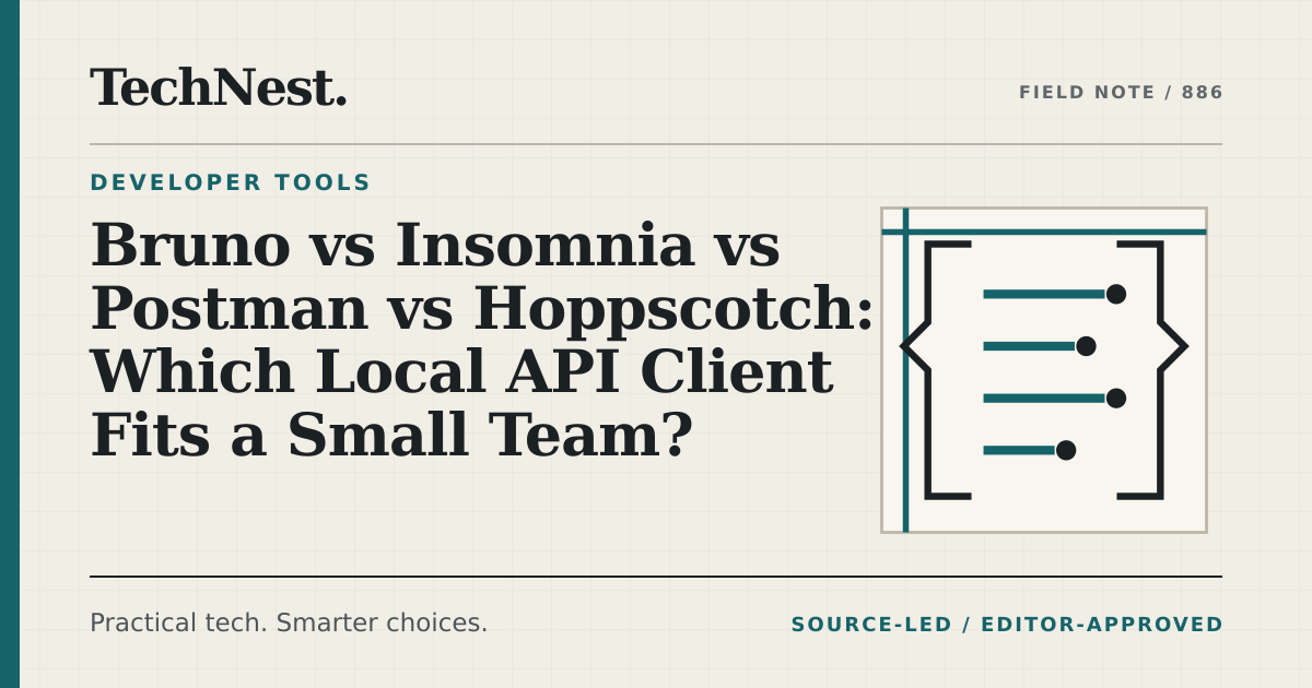 Original TechNest editorial graphic for Bruno vs Insomnia vs Postman vs Hoppscotch: Which Local API Client Fits a Small Team?