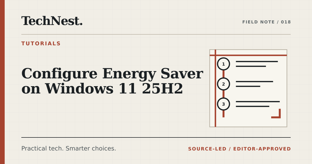 Original TechNest editorial graphic for Configure Energy Saver on Windows 11 25H2
