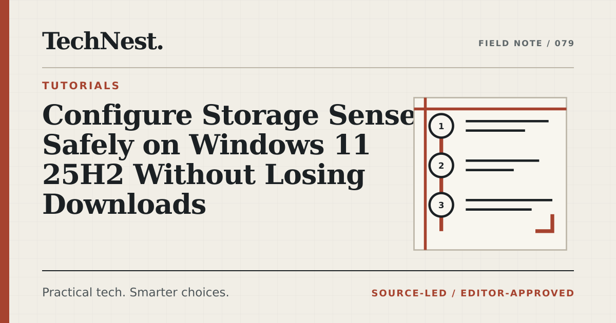 Original TechNest editorial graphic for Configure Storage Sense Safely on Windows 11 25H2 Without Losing Downloads