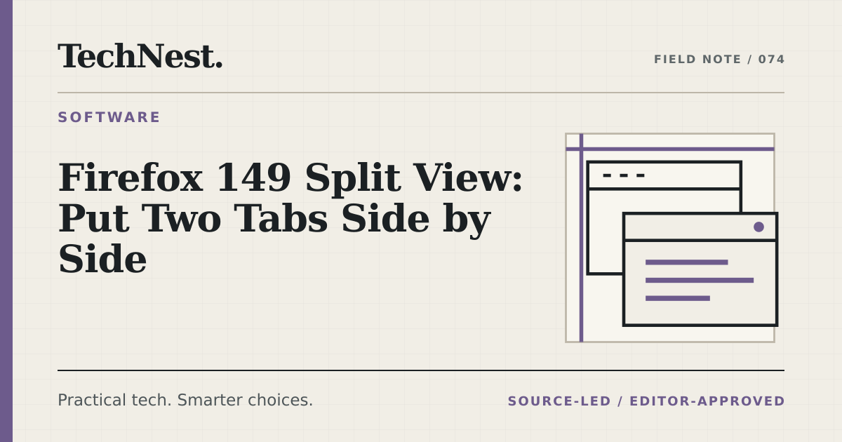 Original TechNest editorial graphic for Firefox 149 Split View: Put Two Tabs Side by Side