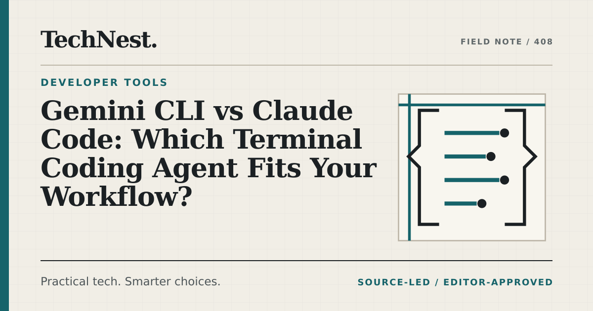 Original TechNest editorial graphic for Gemini CLI vs Claude Code: Which Terminal Coding Agent Fits Your Workflow?