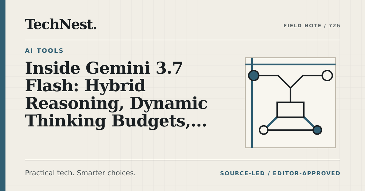 Original TechNest editorial graphic for Inside Gemini 3.7 Flash: Hybrid Reasoning, Dynamic Thinking Budgets, and Developer Workflows