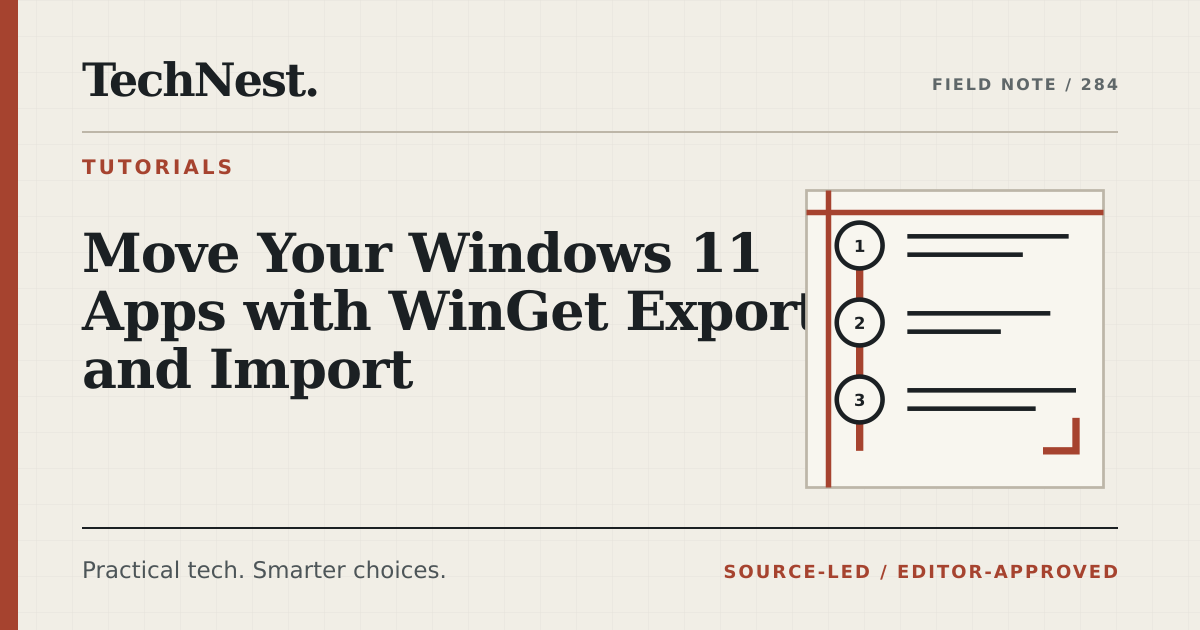 Original TechNest editorial graphic for Move Your Windows 11 Apps with WinGet Export and Import