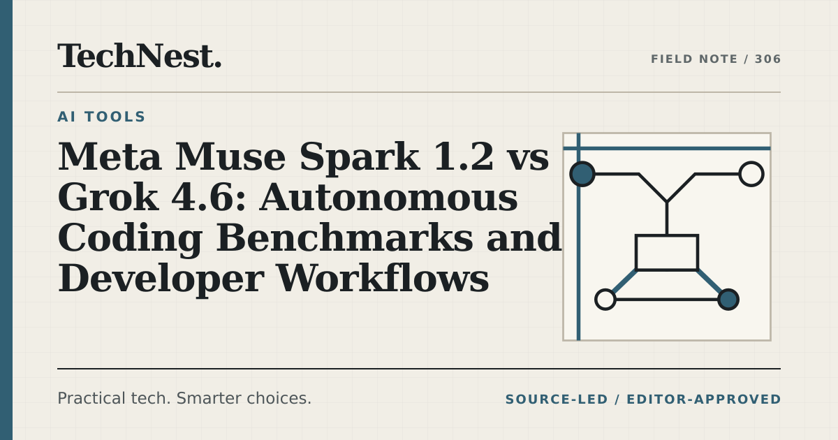 Original TechNest editorial graphic for Meta Muse Spark 1.2 vs Grok 4.6: Autonomous Coding Benchmarks and Developer Workflows