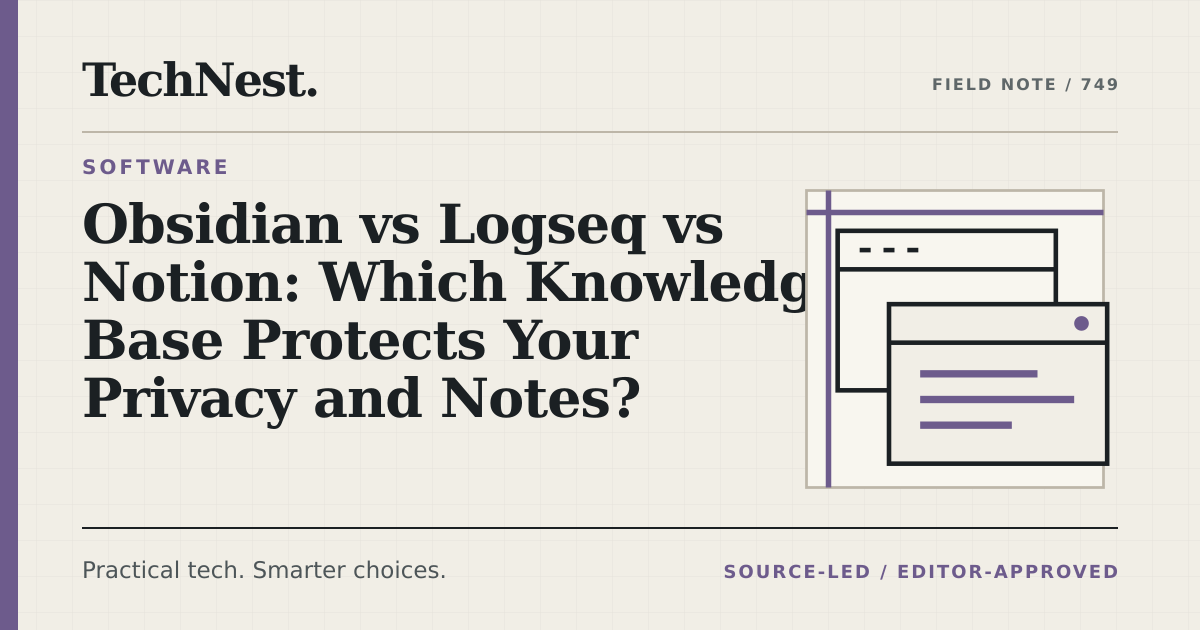 Original TechNest editorial graphic for Obsidian vs Logseq vs Notion: Which Knowledge Base Protects Your Privacy and Notes?