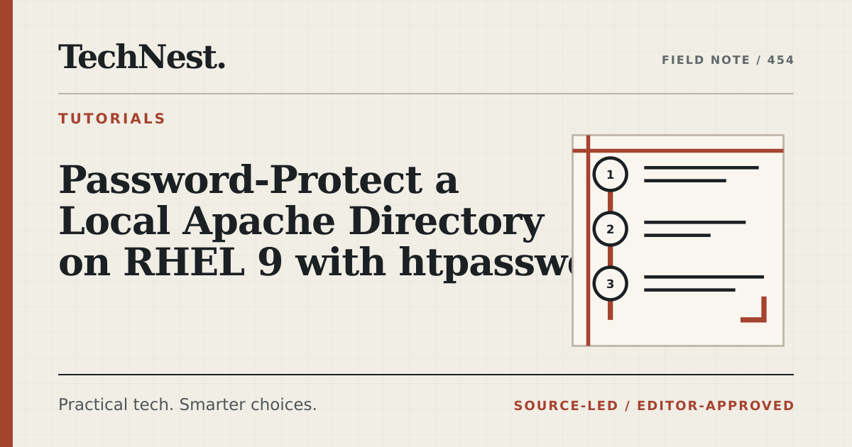 Original TechNest editorial graphic for Password-Protect a Local Apache Directory on RHEL 9 with htpasswd