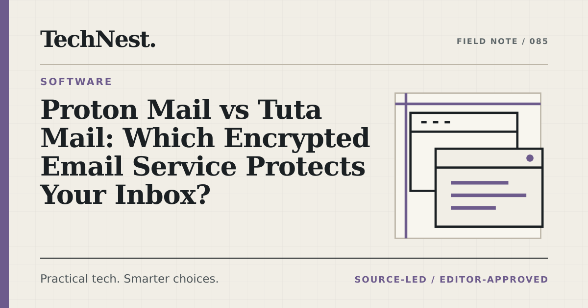 Original TechNest editorial graphic for Proton Mail vs Tuta Mail: Which Encrypted Email Service Protects Your Inbox?
