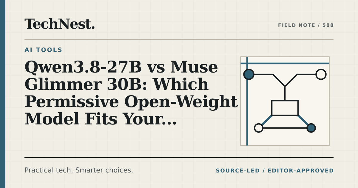 Original TechNest editorial graphic for Qwen3.8-27B vs Muse Glimmer 30B: Which Permissive Open-Weight Model Fits Your Local GPU?