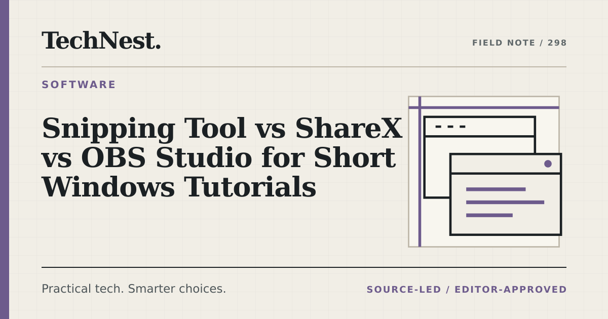 Original TechNest editorial graphic for Snipping Tool vs ShareX vs OBS Studio for Short Windows Tutorials