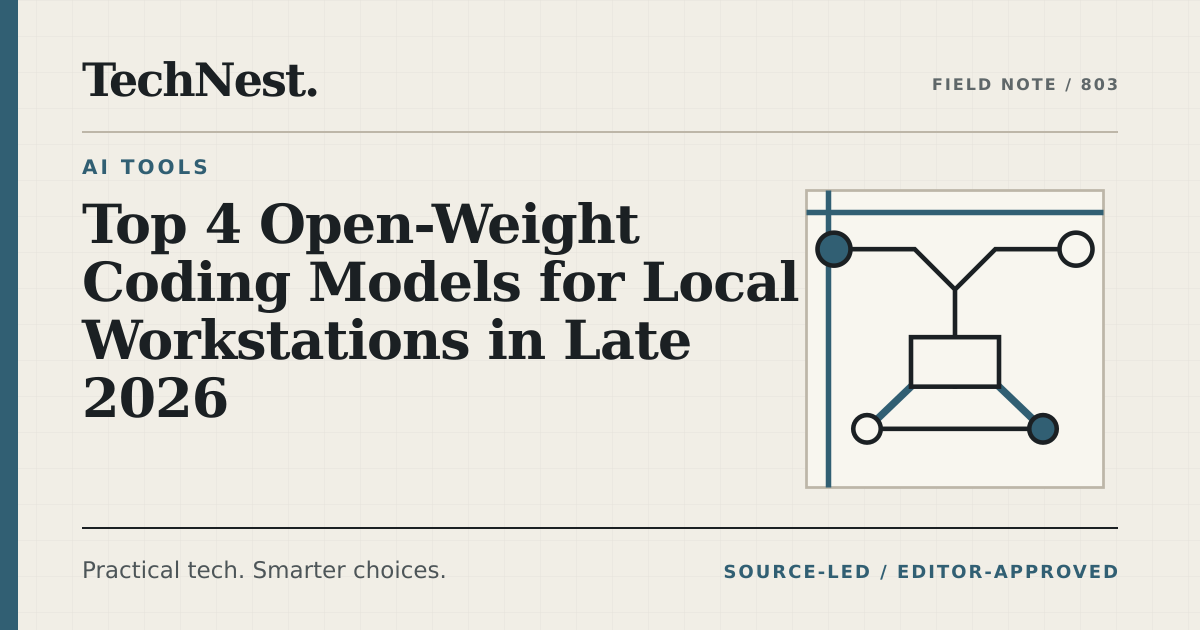 Original TechNest editorial graphic for Top 4 Open-Weight Coding Models for Local Workstations in Late 2026