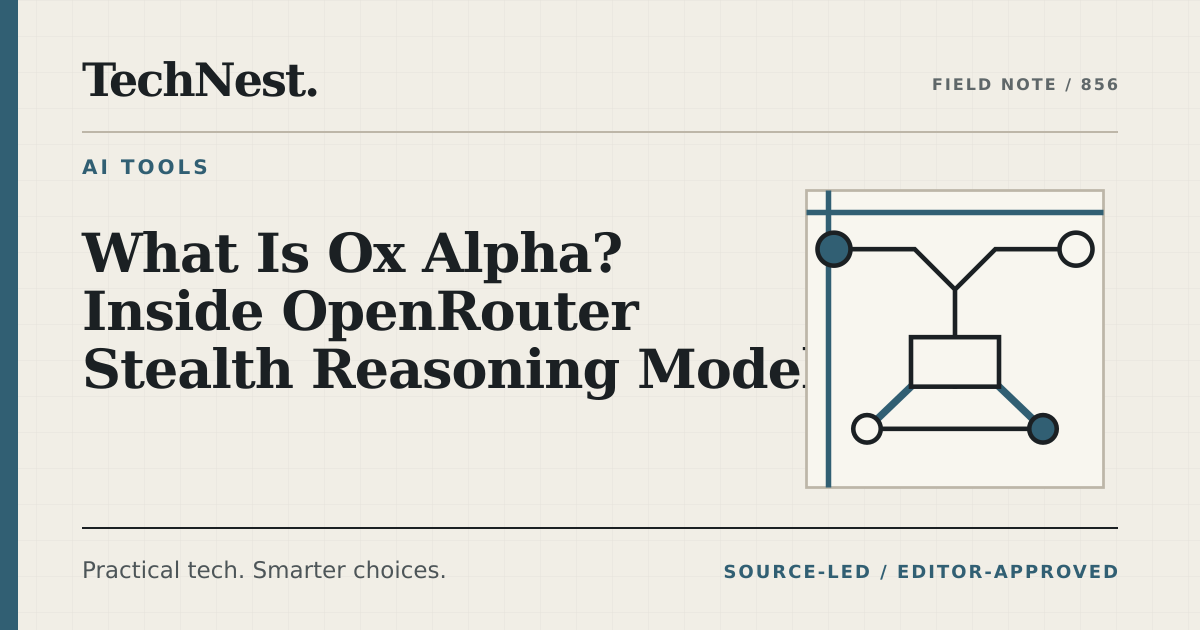 Original TechNest editorial graphic for What Is Ox Alpha? Inside OpenRouter Stealth Reasoning Model