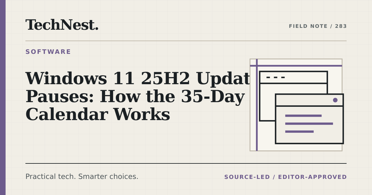 Original TechNest editorial graphic for Windows 11 25H2 Update Pauses: How the 35-Day Calendar Works