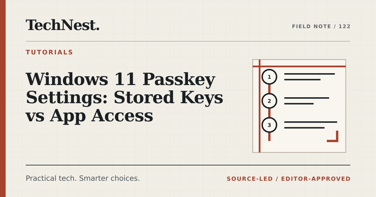 Original TechNest editorial graphic for Windows 11 Passkey Settings: Stored Keys vs App Access