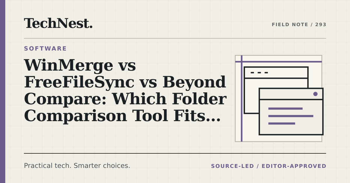 Original TechNest editorial graphic for WinMerge vs FreeFileSync vs Beyond Compare: Which Folder Comparison Tool Fits Your Workflow?