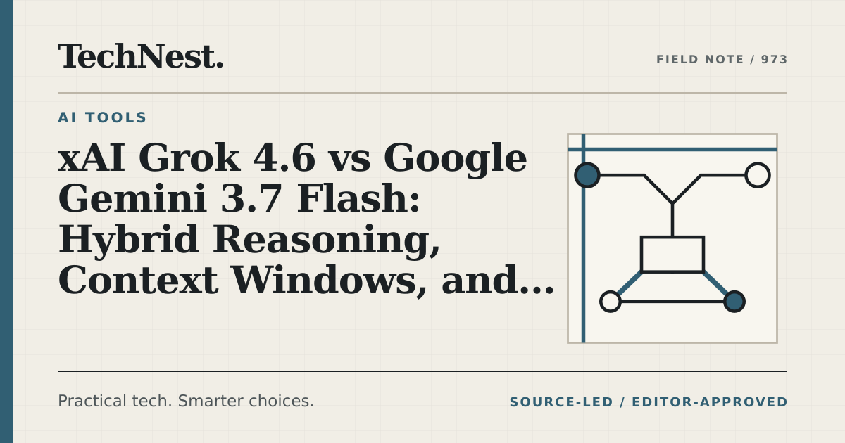 Original TechNest editorial graphic for xAI Grok 4.6 vs Google Gemini 3.7 Flash: Hybrid Reasoning, Context Windows, and API Latency