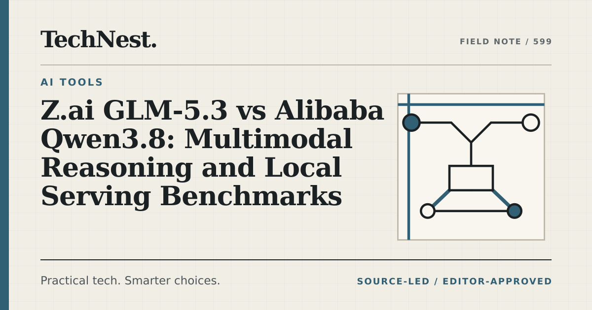 Original TechNest editorial graphic for Z.ai GLM-5.3 vs Alibaba Qwen3.8: Multimodal Reasoning and Local Serving Benchmarks